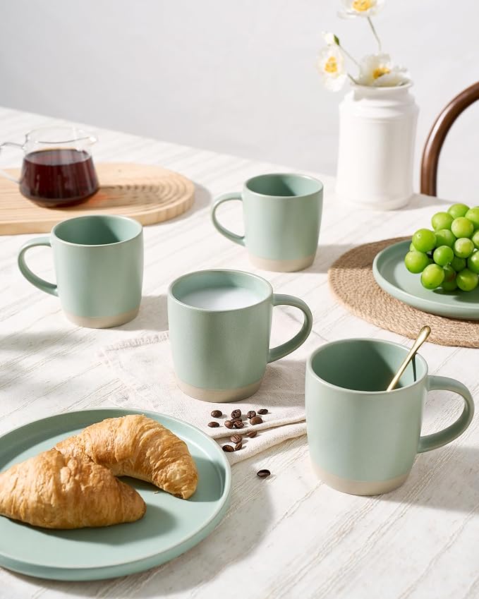 famiware Coffee Mugs Set of 8, Milkyway 13 oz Mug Set, Ceramic Cup Set with Handle for Coffee, Tea, Cocoa, Milk, Light Green