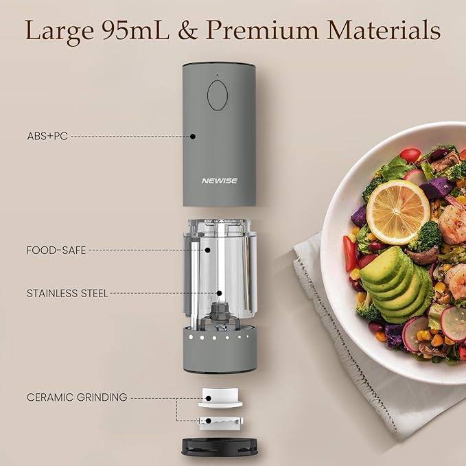 Newise Electric Salt and Pepper Grinder Set, Rechargeable with LED Lights, Automatic Pepper & Salt Mill, Adjustable Coarseness, Large Capacity, Grey