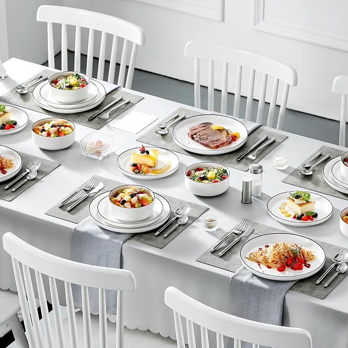 MALACASA Plates and Bowls Sets, 18 Pieces Modern Porcelain Dinnerware Set for 6 White Kitchen Dinner Ware Set wtih Black Rim Ceramic Dishware Dishes Microwave and Dishwasher Safe, Series LUNA