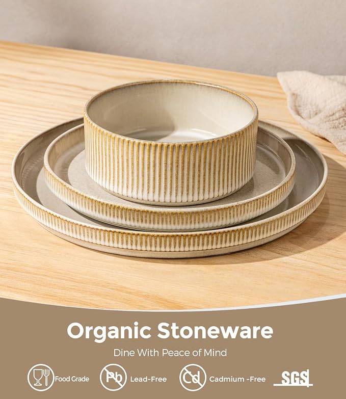 GBHOME Stoneware Dinnerware Sets for 4, 12 Pieces Lightweight Ceramic Ribbed Plates and Bowls Set, Reactive Glaze Stackable Plate Sets, Scratch Resistant Dishes, Microwave & Dishwasher Safe,Cappuccino