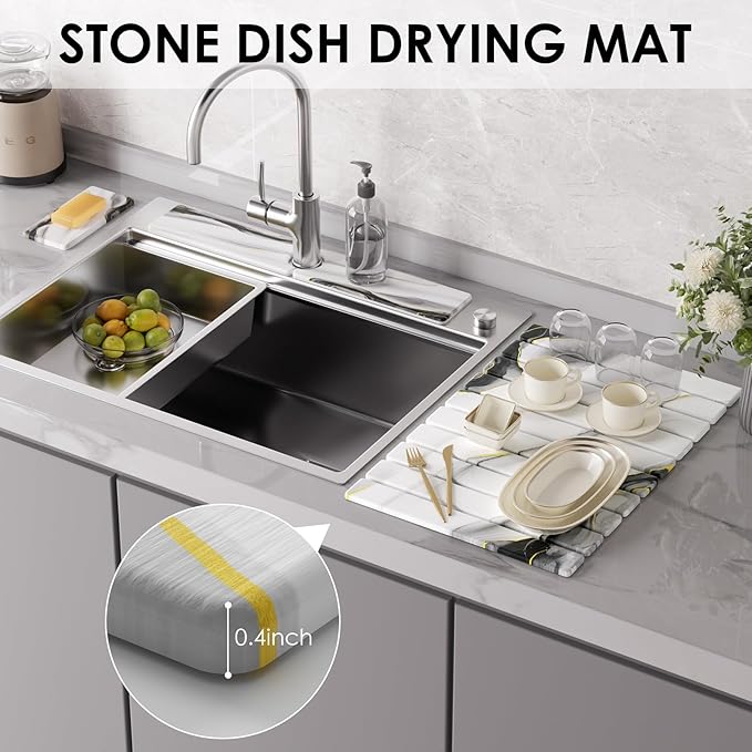 4-Piece Large Stone Dish Drying Mat for Kitchen Counter, 24"x16" Super Absorbent Diatomaceous Earth Drying Mat Set with Faucet Mat & Small Utility Mat, Rollable Quick Dry Pad for Dishes, Cups, Bottles