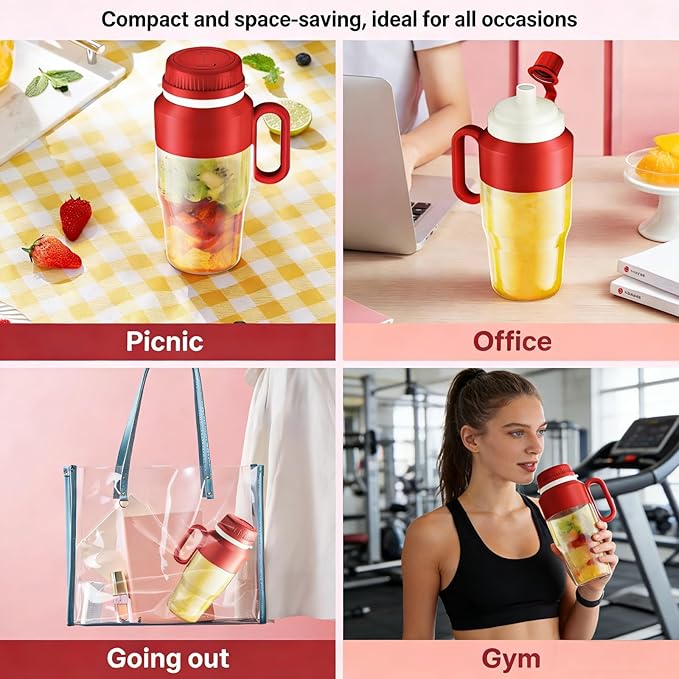 Portable Blender for Smoothies – Personal Blender & Juicer with 38-Blade Stainless Steel, USB Rechargeable Cordless for Home/Office/Gym (red)