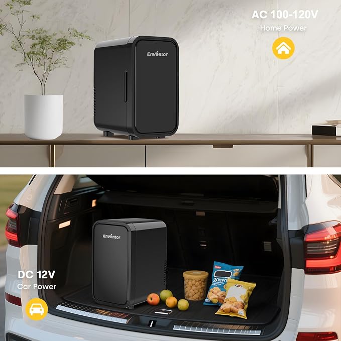 Enventor Mini Refrigerator, 6L/ 8 Can Compact Skincare Fridge AC+DC Power Cooler & Warmer Small Refrigerator for Bedroom, Skincare, Makeup, Cosmetics, Car, Office (Black)