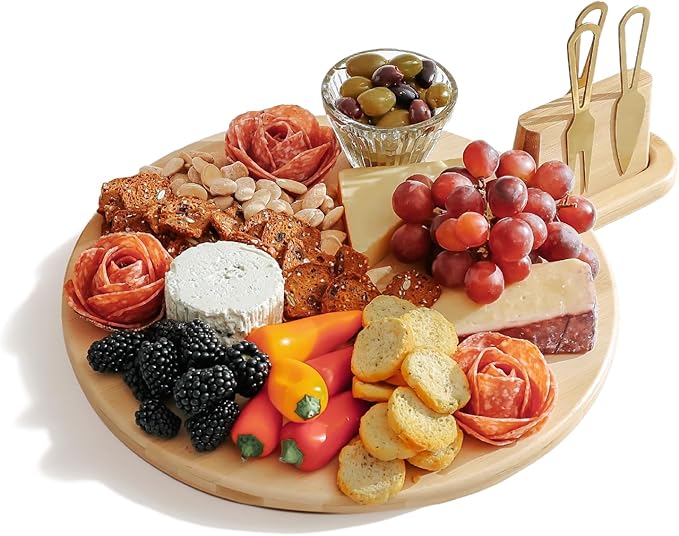 Premium Charcuterie Board Set – Kitchen Edge Round Bamboo Cheese Serving Board with Handle & Magnetic Utensil Block, 18in x 14in, Includes 3 Gold Cheese Utensils, Perfect for Entertaining & Gifting