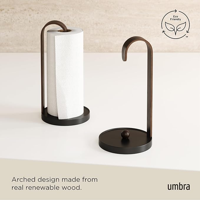 Umbra Bellwood Paper Towel Holder for Kitchen Countertop, with Real Wood Stand and Weighted Metal Base, Black/Walnut