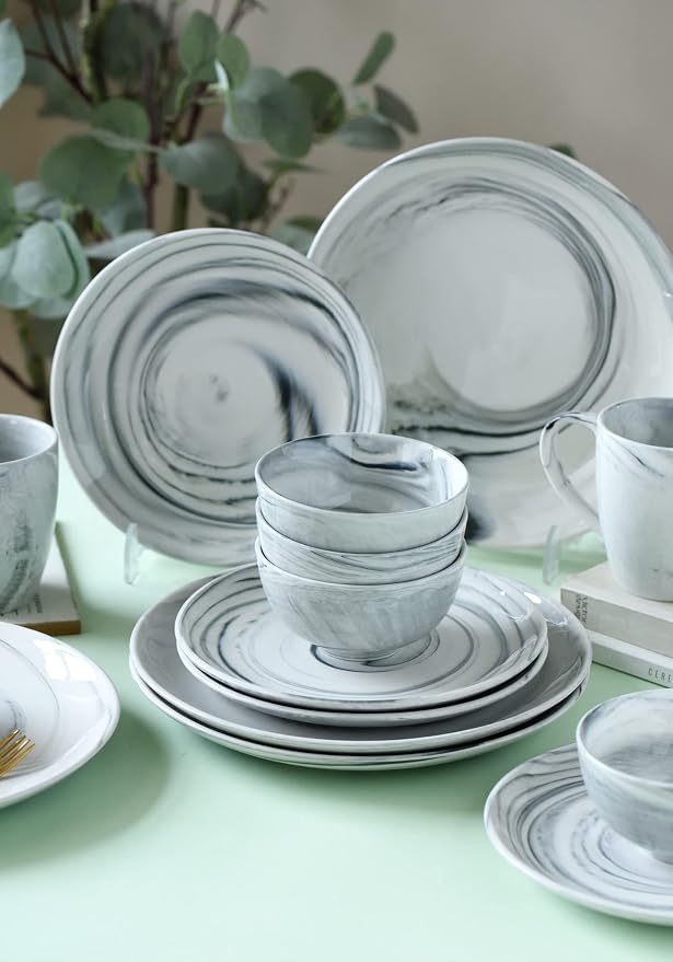 16 Piece Marble Dishes Dinnerware Sets, Marble Porcelain Dinnerware Set, Grey (4×Dinner Plates, 4×Dessert Plates, 4×Bowls, 4×Mugs, 16 Pack)