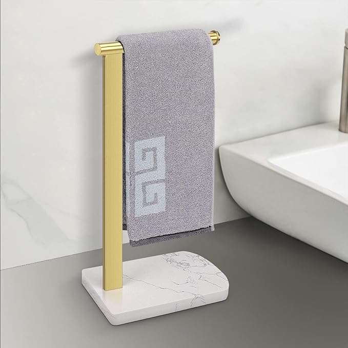 NearMoon Hand Towel Holder with Balanced Marble Base, 304 Stainless Steel Stand Towel Ring L Shape Hand Towel Rack Free-Standing Towel Bar for Bathroom Kitchen Countertop (Single Rod, Brushed Gold)