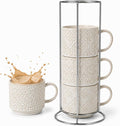 6 Oz Coffee Cups Set of 4, Espresso Cups with Stand, Stackable Cappuccino Mugs Set, Embossed Coffee Cup for Latte, Tea, Cocoa, Mocha, Housewarming Present, Dishwasher Safe
