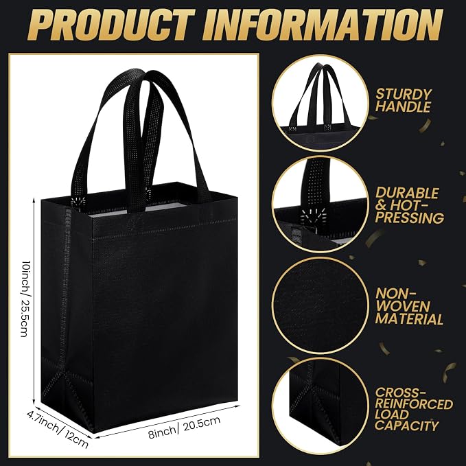 Eccliy Reusable Gift Bags Set Glossy Grocery Gift Tote Bag with Handle for Wedding, Bridal Shower, 4th of July, Summer Event(10 x 8 x 4.7 Inch,Black,80 Pcs)