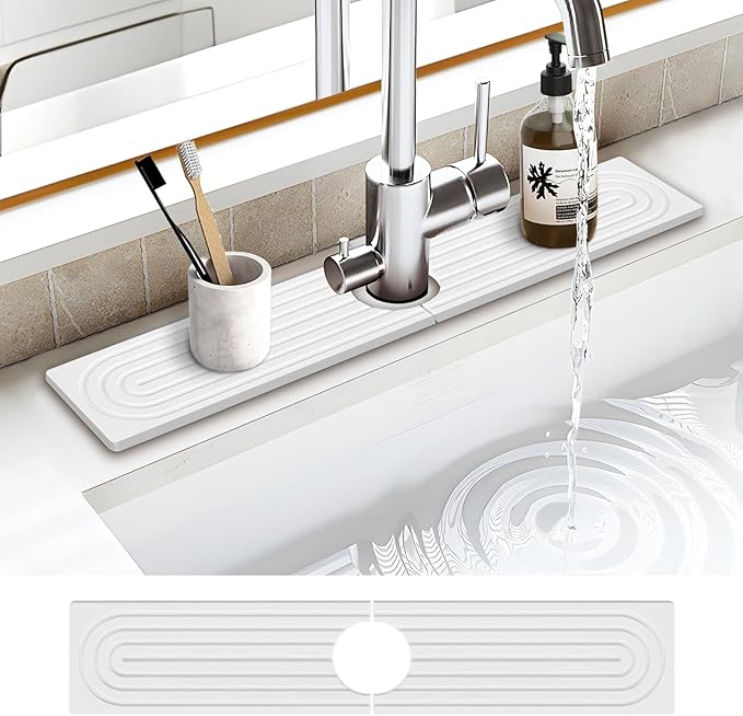Stone Faucet Mat for Kitchen Sink, Water Absorbent Fast Drying Stone Tray for Sink , Quick Dry Diatomite Splash Guard for Bathroom Counter to Prevent Moisture Buildup, 23.6" x 4", White