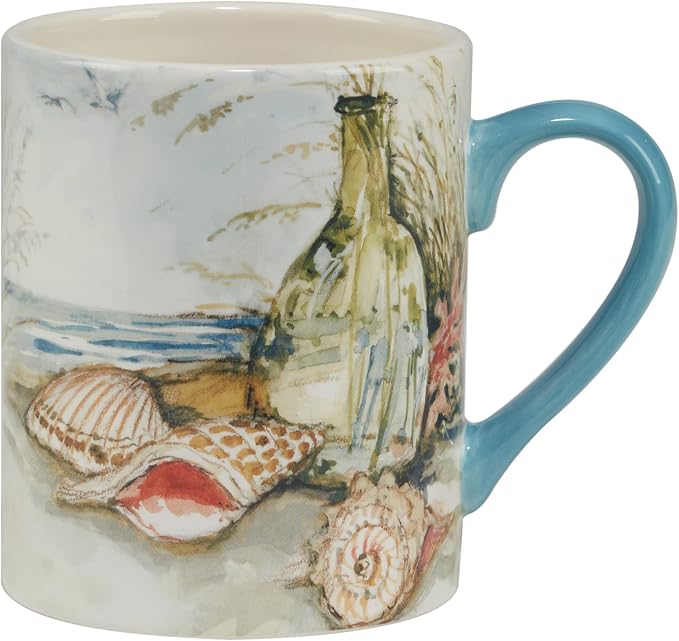 Coastal Landscape 16 oz. Ceramic Mugs – Set of 4 Assorted Beach Designs with Starfish, Shells & Ocean Bottles – Seaside Coffee Cups for Tea, Hot Cocoa, or Gifting – Blue Handle Accent