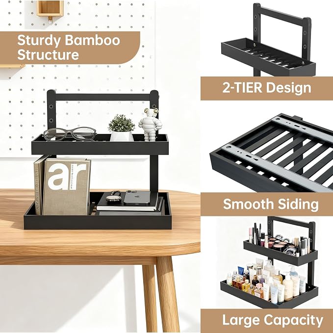 Bamboo Undersink Organizer Storage - 2-Tier Cabinet Shelf with Adjustable Levels, Under Sink Storage Slide Out for Cabinet Pantry Kitchen Bathroom (Black, 2 Packs)