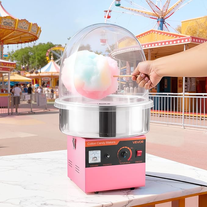 VEVOR Electric Cotton Candy Machine, 1000W Commercial Floss Maker With Cover, Commercial Cotton Candy Machine w/Stainless Steel Bowl & Sugar Scoop, Ideal for Carnival, Birthday, Family Party, Pink