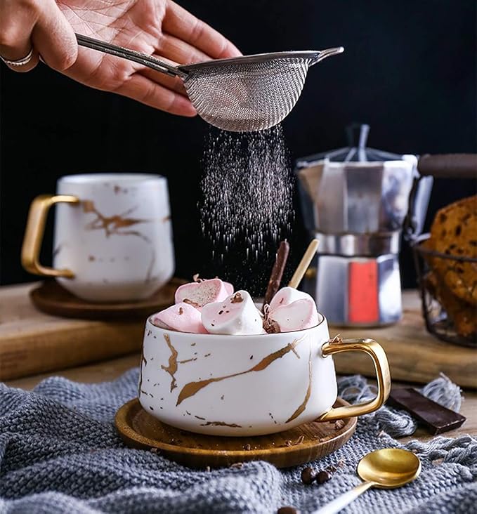 Jusalpha 10 oz Luxury Golden Hand Print Coffee Teacup with Bamboo Saucer Set Fashion Marble Pattern for Women TCS19 (White)