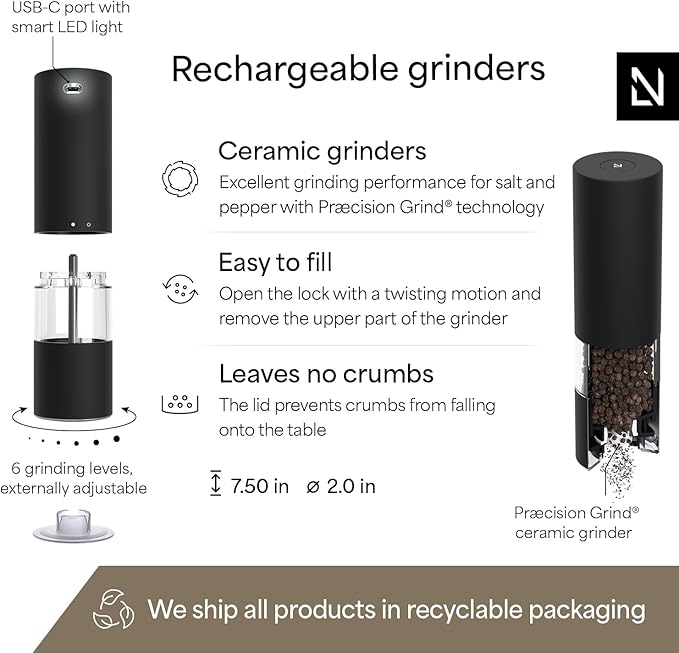 LARS NYSØM Electric Salt and Pepper Grinder Set I Automatic Salt and Pepper Mills with Adjustable Ceramic Grinder I USB Rechargeable Electric Spice Mill Set with LED Light (Carbon Black)
