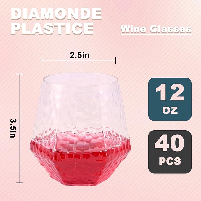 Goodluck 40 PCS Diamond Stemless Plastic Wine Glasses, 12 Oz Disposable Fancy Plastic Cups, Suitable for Weddings, Birthday Parties, Family Gatherings, Bars, etc （Hammered Clear cups）