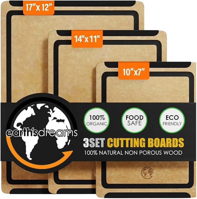 Composite Wood Cutting Board Set of 3 – Built In Juice Groove, Dishwasher Safe, Non-Toxic & Cutting Boards for Kitchen – Large, Medium & Small Non-Slip Wood Charcuterie & Chopping Boards (Tan/Black)