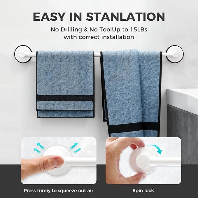 Adjustable Suction Cup Towel Bar for Bathroom Wall,14.6Inch~24 Inch Towel Racks for Bathroom,Stainless Steel Bath Towel Holder for Shower(Matte White)