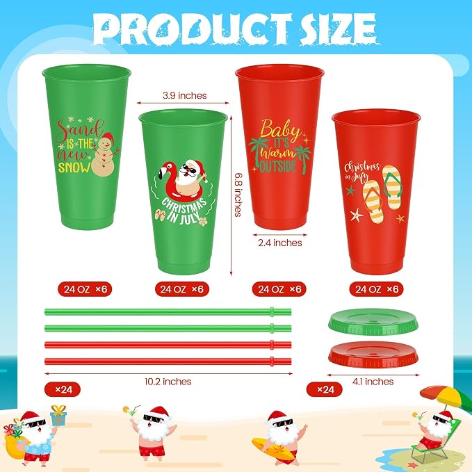 Kochorie 24 Pcs Christmas in July Plastic Cups 24 Oz Reusable Summer Christmas Party Cups with Lids and Straws Thick Plastic Tumbler Bulk for Summer Christmas Party Supplies