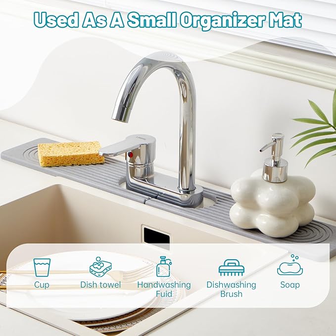 Stone Faucet Mat for Kitchen Sink with Oval Hole – 23.6" × 3.9" Diatomite Drying Stone Mat & Sink Protector, Quick-Dry Splash Guard Water-Absorbing Tray for Bathroom Counter（Gray.23.6" x 3.9"