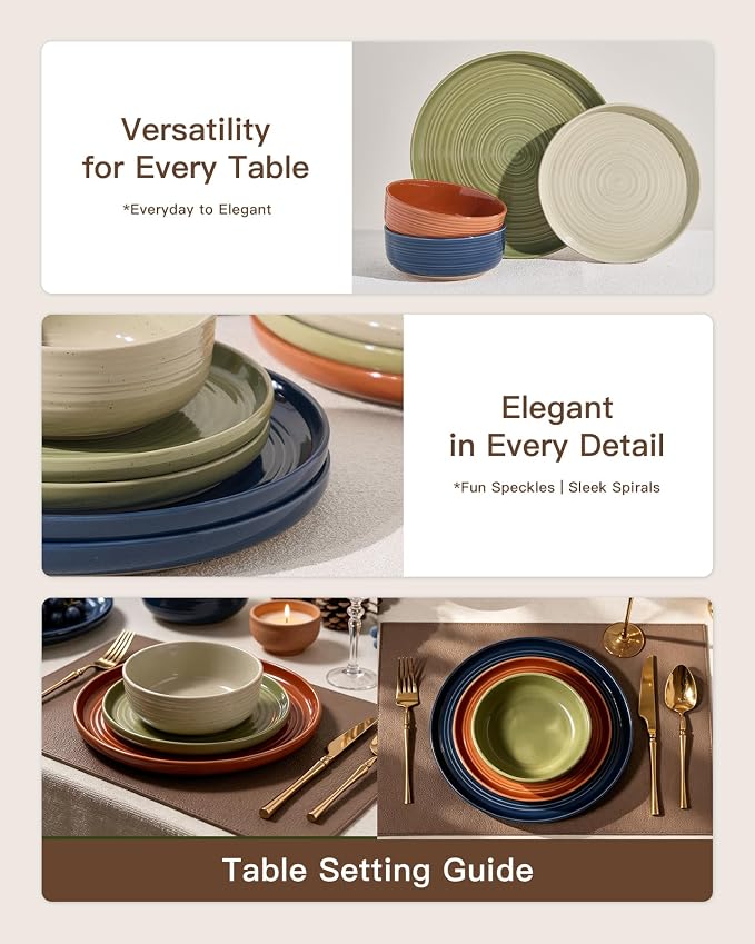 12-Piece Stoneware Dinnerware Sets for 4 - Farmhouse Coupe Plates and Bowls with Speckles & Spirals - Chip & Scratch Resistant, Microwave & Dishwasher Safe - Multicolor, Earthy Tones