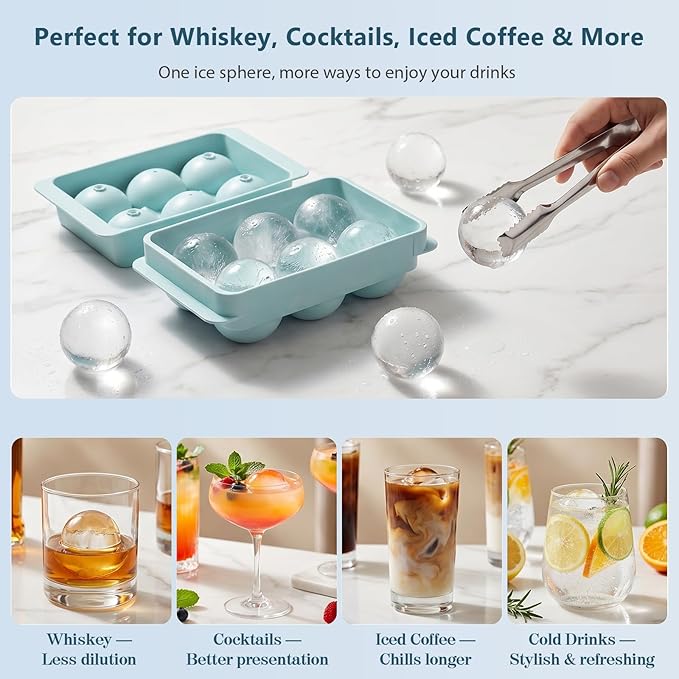 WIBIMEN Large Ice Cube Molds, Big Round Whiskey Ice Cube Trays for Freezer, Easy to Fill & Release, Whiskey Bourbon Cocktail(1.9In*6 Balls- Blue/2 Pack)