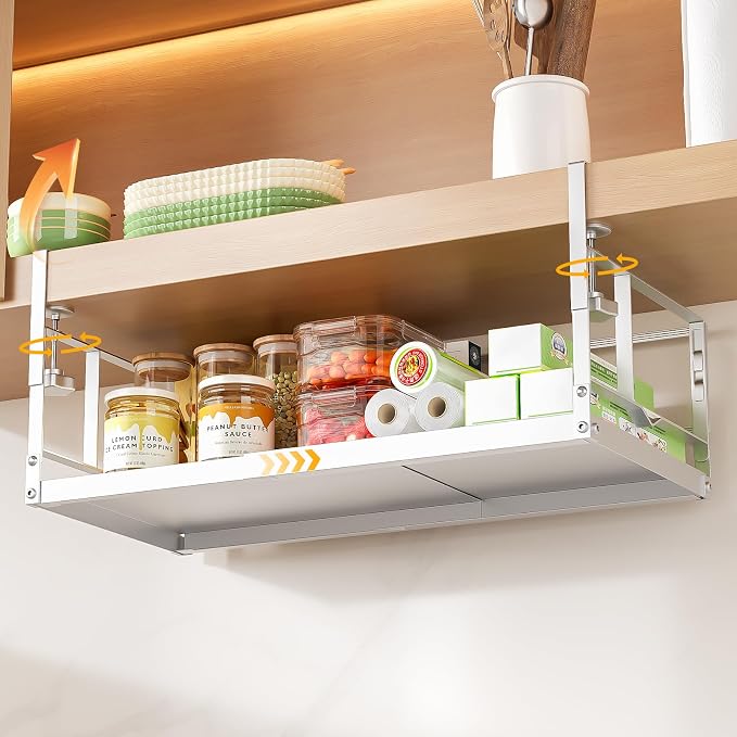 prueBox Under Shelf Storage Basket Organizer Adjustable Hanging Holder with Knob Lock, Heavy Duty Metal Panel for Pantry, Kitchen, Office, Closet, 11.8"-19.3" Wide, White, 1 Pack