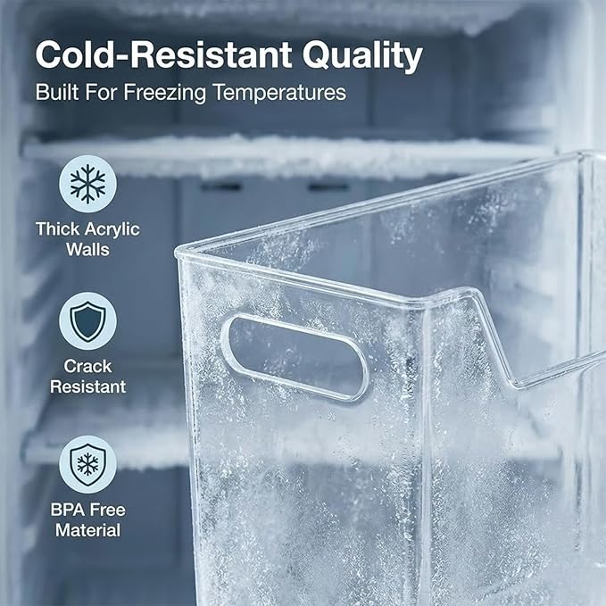Crystal Clear Freezer Storage Bins, Clear Plastic Organizer Bins with Handles, Stackable Freezer Refrigerator and Pantry Storage Containers for Frozen Food, Meat, Vegetables, Meals and Snacks (4 pack)