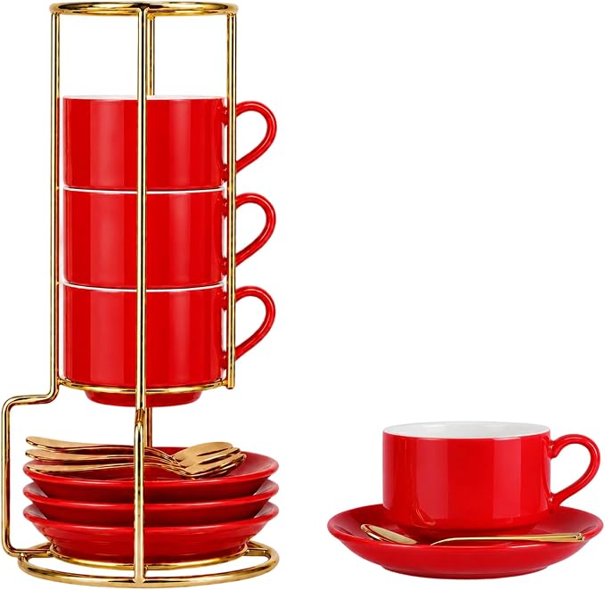 3 Ounce Espresso Cups Set of 4, Stackable Demitasse Mugs, Includes Display Stand, Cups Saucers, and Spoons, for Machines & Home Use, Red, Gold Tone