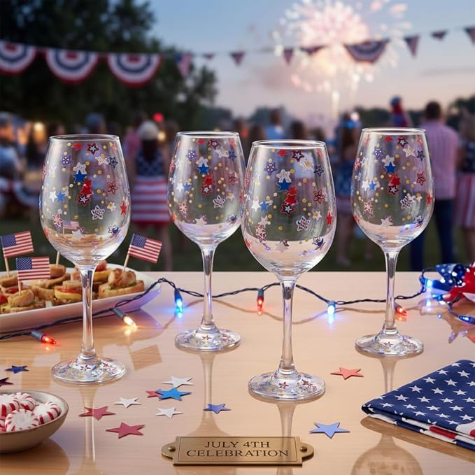SiliFine 4 Pcs 4th of July Party Stemmed Wine Glasses Hand Painted USA Star Drinking Cup Wine Glasses Gifts for Independence Day Patriotic Theme Holiday Supplies