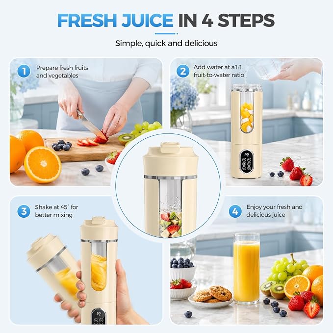 Beyn 530mL Portable Blender, Personal Smoothie Maker, USB-C Cordless, 12 Stainless Steel Blades, Leakproof Travel Cup, Digital One-Touch Self-Clean for Gym Home Office, (Yellow)