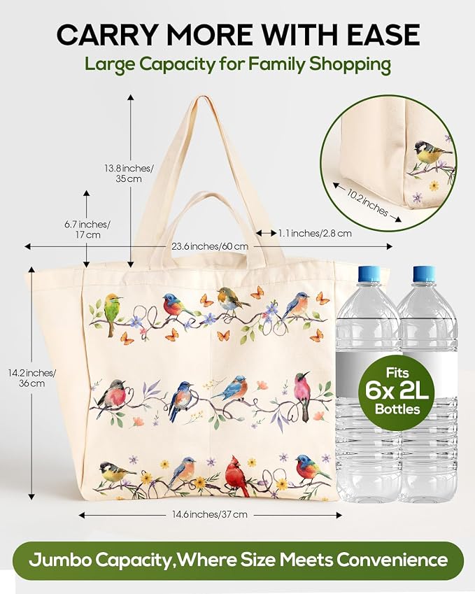 Miss Adola Large Canvas Grocery Tote Bag - Reusable Extra Large Shopping Shoulder Bags with 6 Inner Pockets & 2 Handle Strap