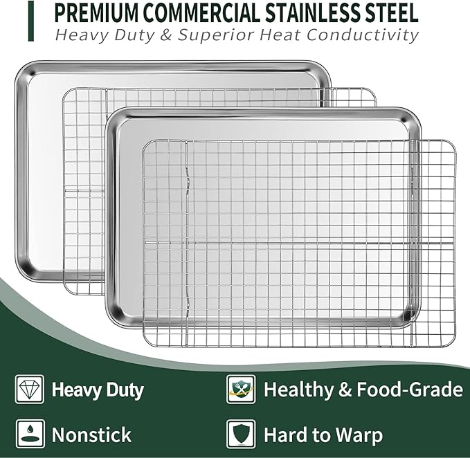 CEKEE 4 PCs Small Baking Sheet With Wire Rack Set [2 Pans + 2 Cooling Racks], 10 Inch Stainless Steel Tray - Rust & Warp Resistant, Easy Clean