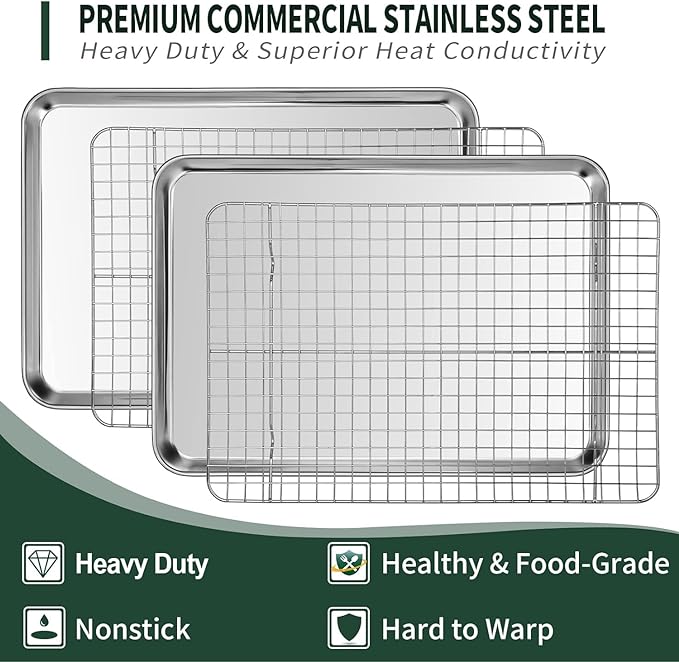 Small Baking Sheet with Rack Set [2 Cookie Sheets + 2 Baking Racks], CEKEE Stainless Steel Small Baking Pan and Grill Rack - Rust & Warp Resistant & Nonstick, Size 9.33 x 6.96 x 1 Inch