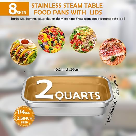 8 Pcs 304 Stainless Steel Food Storage Containers with Lid Hotel Pans for Kitchen Home Catering Food Prep Restaurant Buffet Hotel(2.5 Inch Deep)