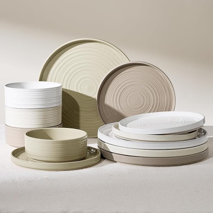 Stoneware Dinnerware Sets for 4, 12-Piece High Edge Plates & Bowls with Speckled Glaze & Spiral Design - Chip & Scratch Resistant, Microwave & Dishwasher Safe - Farmhouse, Multicolor