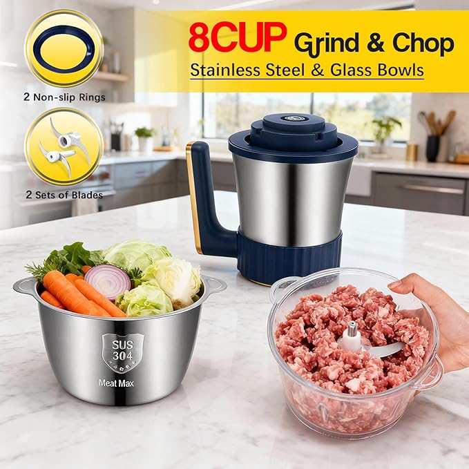 Food Processor, Electric Meat Grinder & Vegetable Chopper with 8 Cup Stainless Steel & 8 Cup Glass Bowls, Electric Food Chopper 400W Motor and 2 Sets Bi-Level Blades for Kitchen Appliances