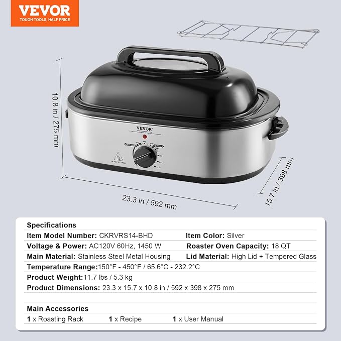 VEVOR Electric Roaster Oven with Defrost & Warm Function, 18 QT Turkey Roaster Oven with Self-Basting Lid, 1450W, Adjustable Temperature, Removable Pan & Rack, Fits Turkeys Up to 22LBS