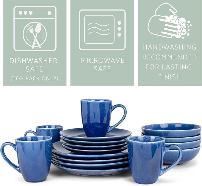 Elanze Designs Reactive Glaze Stone Ceramic Plates Bowls Mugs Classic Dinnerware 16 Piece Set - Service for 4, Blue