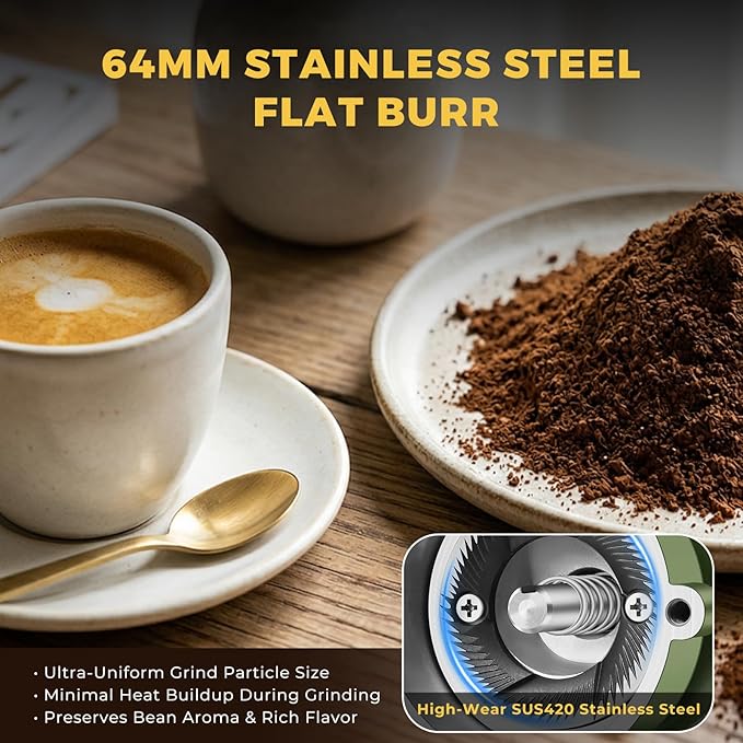 Electric Burr Coffee Grinders for Home Use, 8 Adjustable Settings Stainless Steel Flat Burr, Quiet Low Static Design for Espresso Pour Over French Press, Cream Style Green