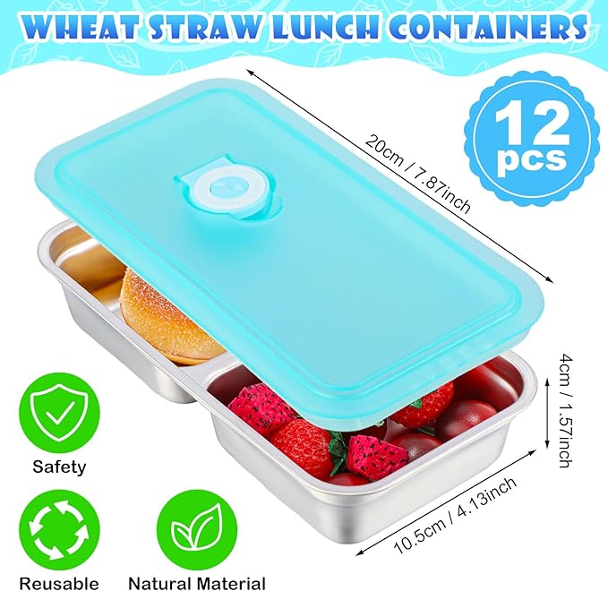 Teenyyou 12 Pcs Stainless Steel Snack Containers 30 oz 2-compartment Meal Prep Containers Reusable Metal Divided Bento Box with Silicone Lids Leakproof Lunch Box Dishwasher Safe (Blue)