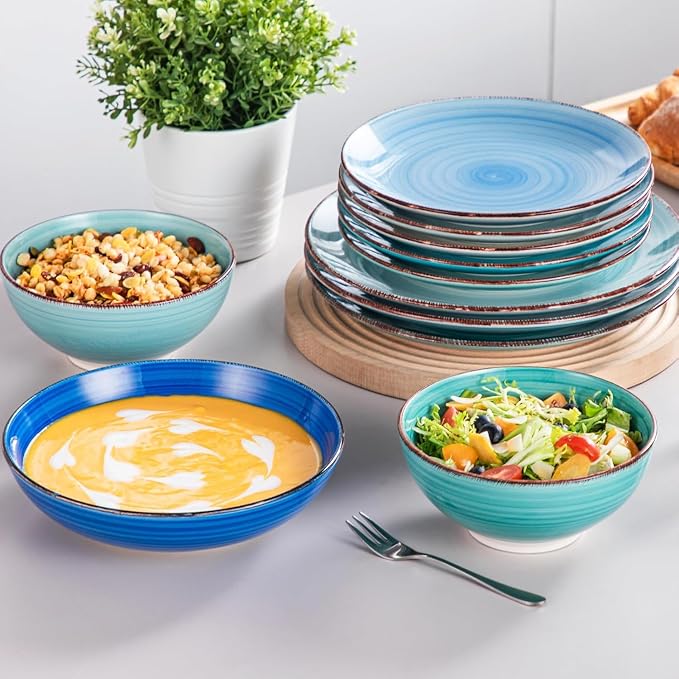 vancasso Bonita Stoneware Dinnerware Sets 24 Pieces Service for 6, Hand-Painted Spiral Dishes Set, Ceramic Kitchen Plates and Bowls Sets-Microwave and Dishwasher Safe (Blue,24 Pcs)