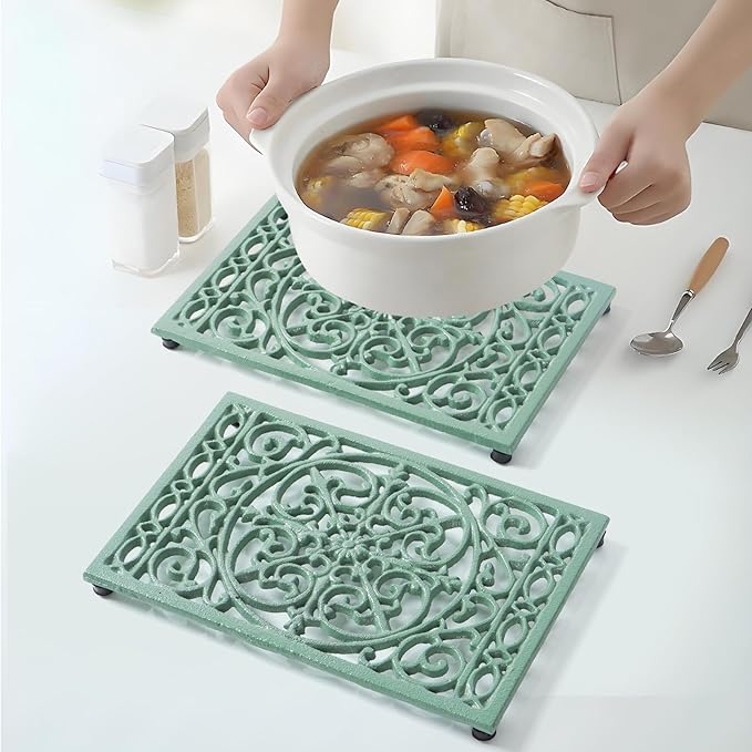 Notakia 9.6 x 6.3 Inch Cast Iron Trivet Set, Large Metal Trivets for Hot Dishes Pots Pans Decorative Kitchen Trivets, Heat-Resistant Trivet Mats for Quartz Countertops, Green Kitchen Accessories