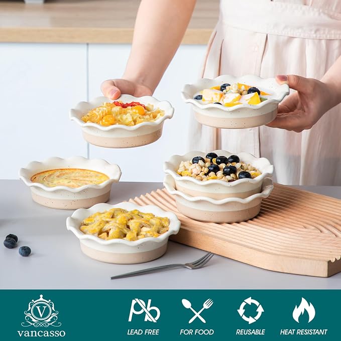 vancasso Mini Pie Pans Set of 6, 5.2 Inch Ceramic Deep Dish Pie Plates with Ruffled Edge for Baking, Microwave & Oven Safe, Cream Colored