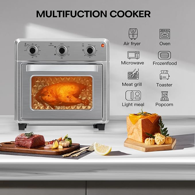 Panana Compact Airfryer Toaster Oven, 1400W 21QT with 6-in-1 Multifunctions and Wide Temperature Range, Air Fryer Oven with 60-Minute Timer/Auto-Off, Stainless Steel Countertop Oven (Silver)