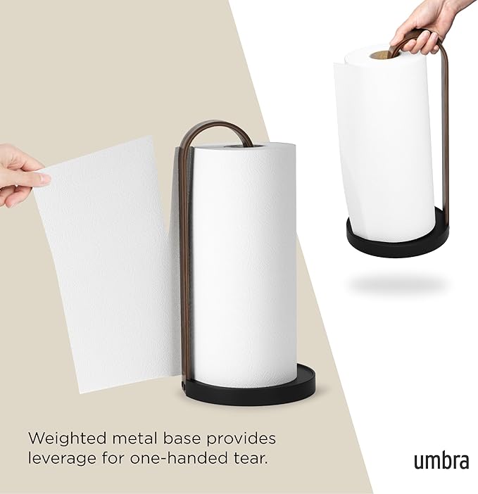 Umbra Bellwood Paper Towel Holder for Kitchen Countertop, with Real Wood Stand and Weighted Metal Base, Black/Walnut