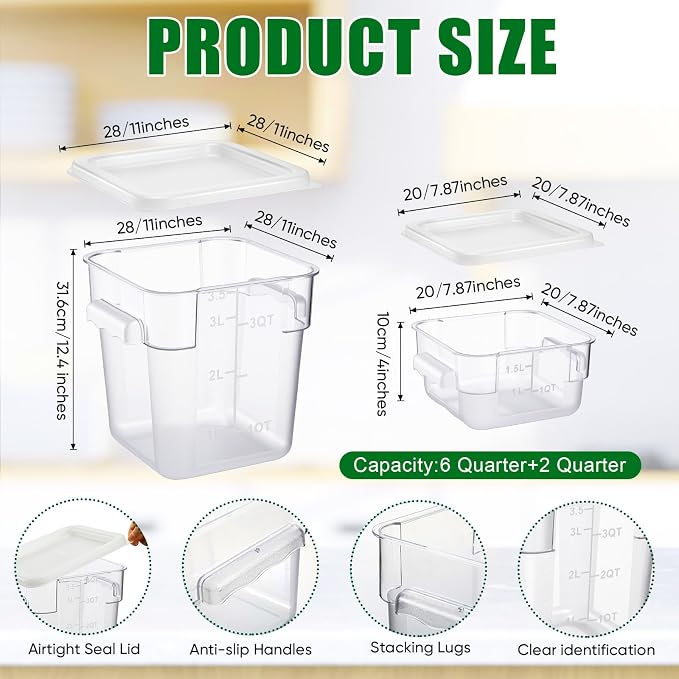 FoldTier 2 Pieces Square Food Storage Containers Polycarbonate Clear food Container with Lid Commercial Storage with Graduations for Commercial Kitchen Dough Marinating Meat (White,2 Qt,4 Qt)