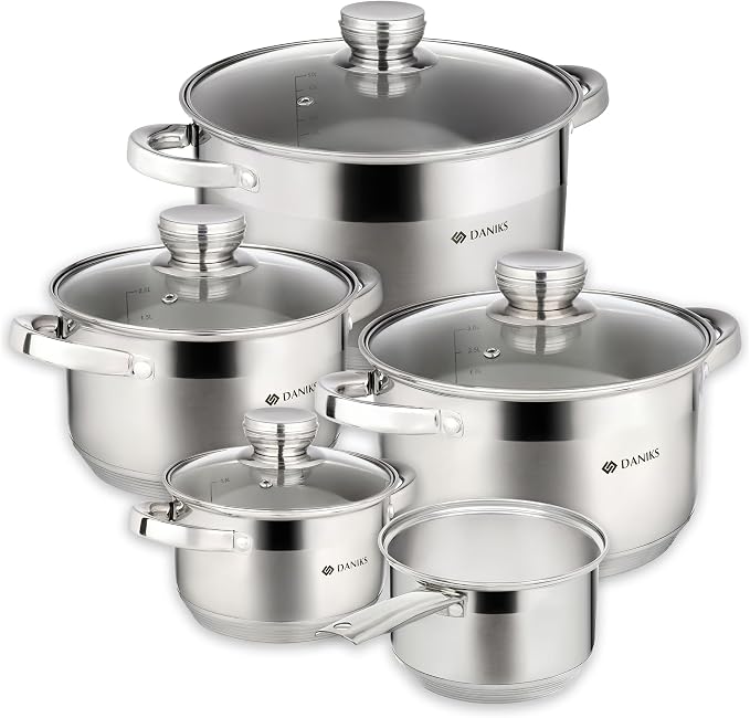 Daniks Standard 9-Piece Stainless Steel Cookware Set with Glass Lids, Includes Saucepan, Tri-Ply Bases for Even Heating, Induction Compatible, Dishwasher Safe, Built-In Measuring Scale, Silver