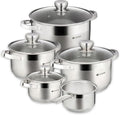 Daniks Standard 9-Piece Stainless Steel Cookware Set with Glass Lids, Includes Saucepan, Tri-Ply Bases for Even Heating, Induction Compatible, Dishwasher Safe, Built-In Measuring Scale, Silver