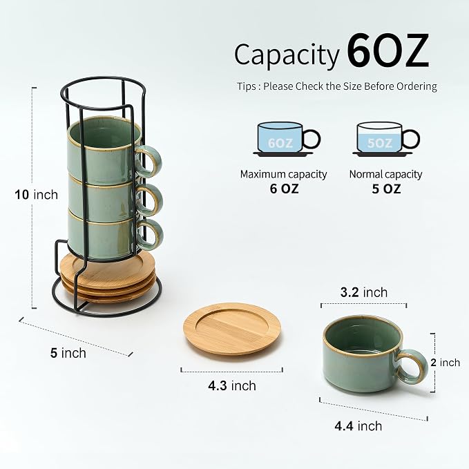 LUKA 6 Ounce Porcelain Stackable Espresso Cups with Saucers and Metal Stand Set of 4, Ceramic Cappuccino Cups Set for Specialty Coffee Drinks, Latte, Cafe Mocha and Tea, Wild Sage Earth